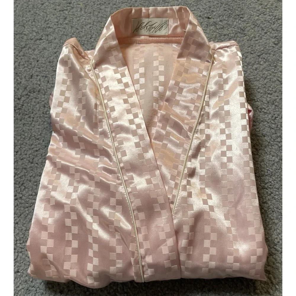 Vtg Lord & Taylor Kimono Long Robe Women's Intimate Sz M Pink Satin Check Pocket